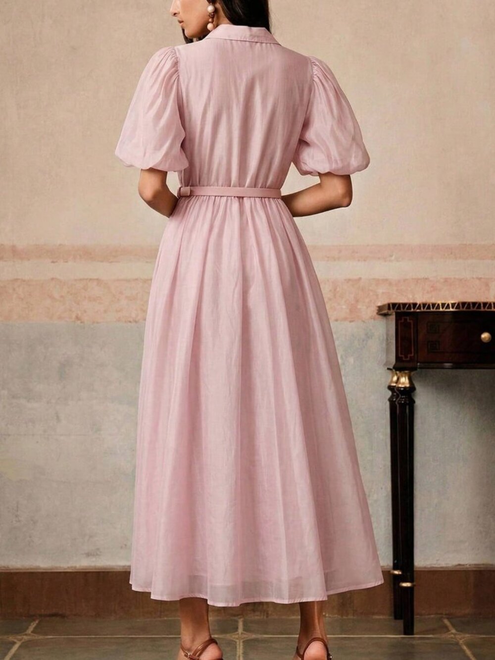 Pink Elegant Women's Floral Patchwork Ruffle Hem Midi Dress - Picture 2 of 7